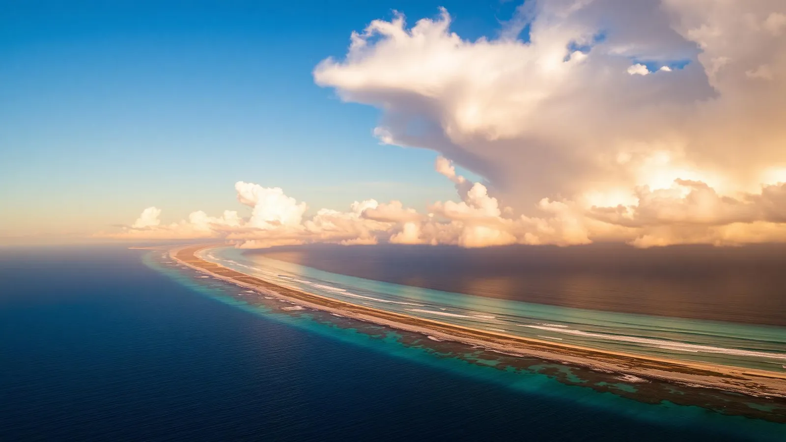 Aerial view of a turquoise coastline at golden hour