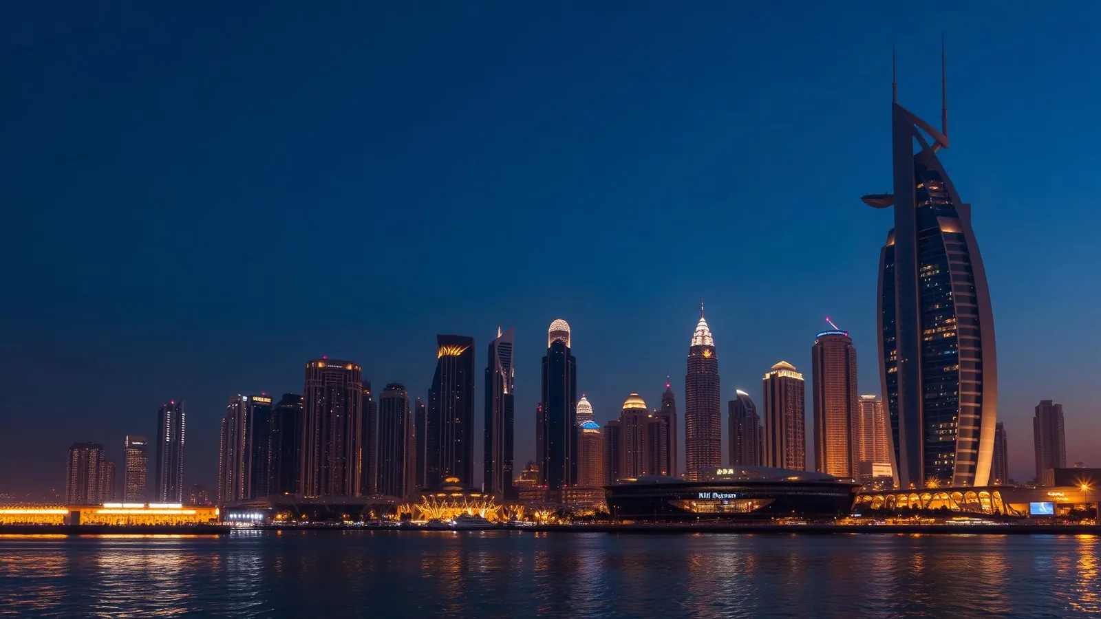 Dubai skyline glowing at dusk