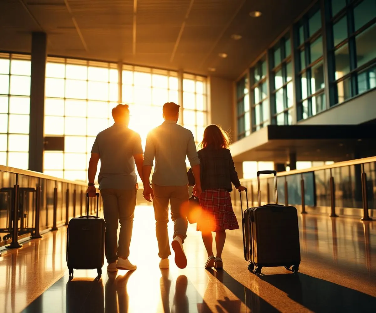 A family walking through an airport terminal towards the light
